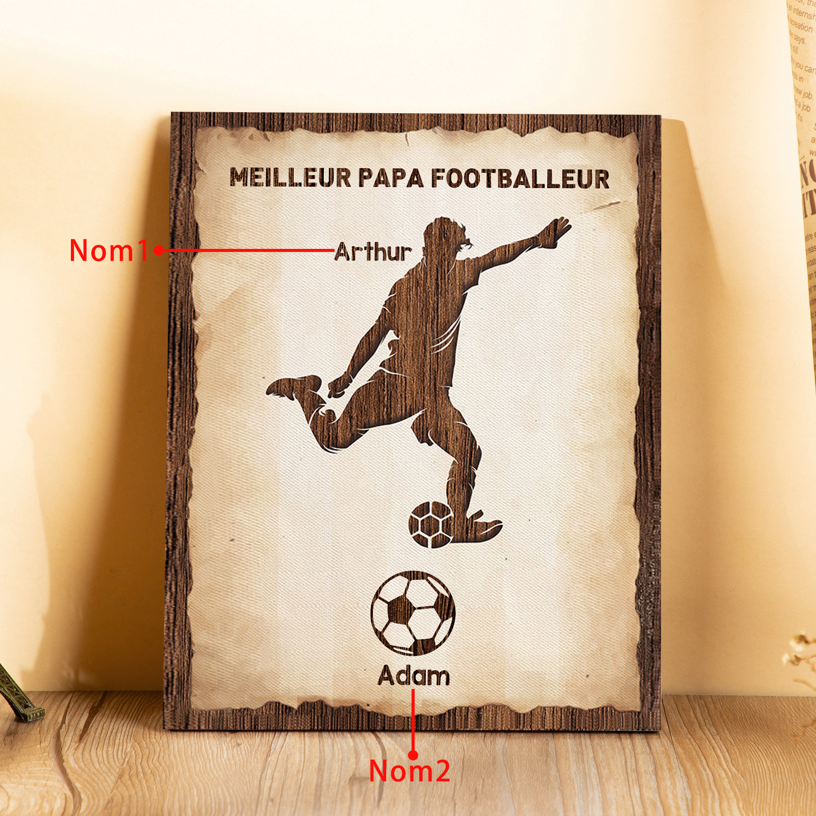 À Mon Papa-Cadre en Bois Football 2 Prénoms Personnalisés