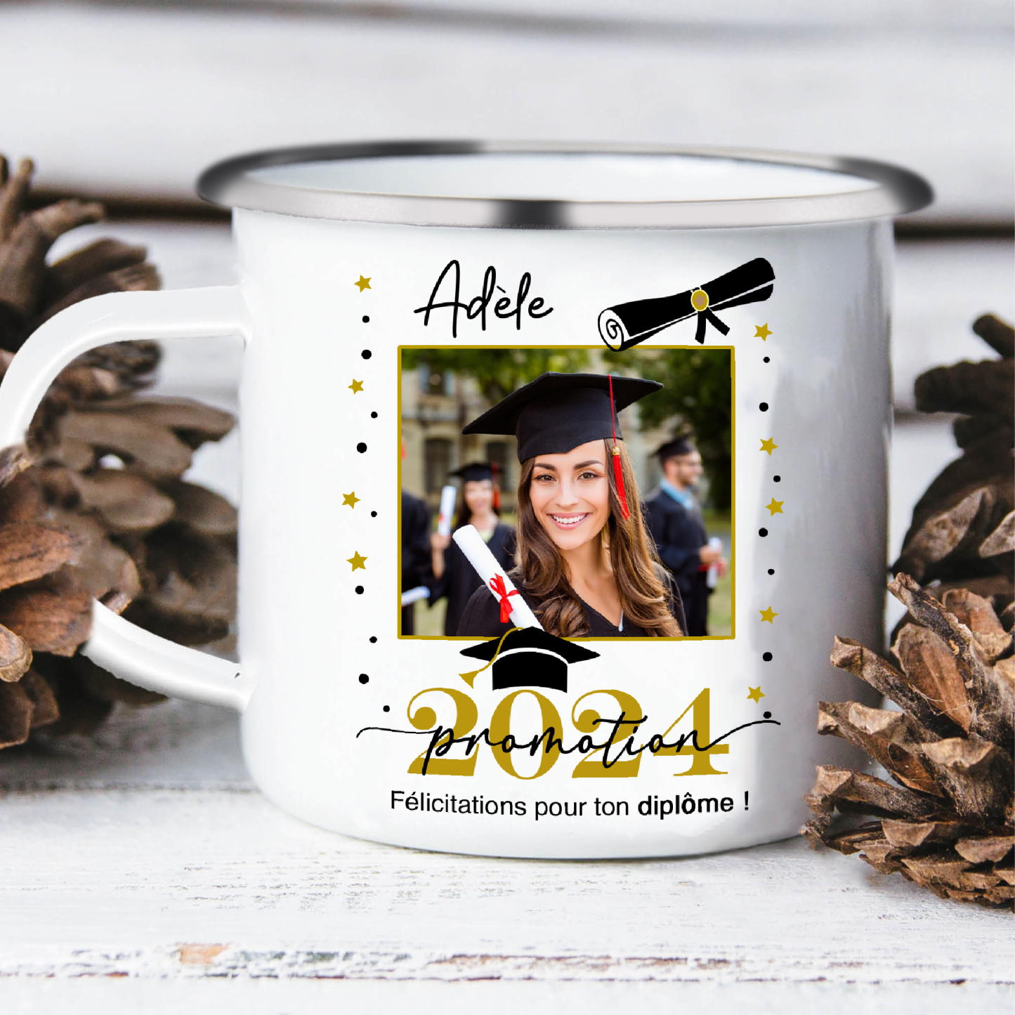 Tasse émaillée Diplômé 1 Prénom et Photo Personnalisés avec Année Cadeau de remise des diplômes