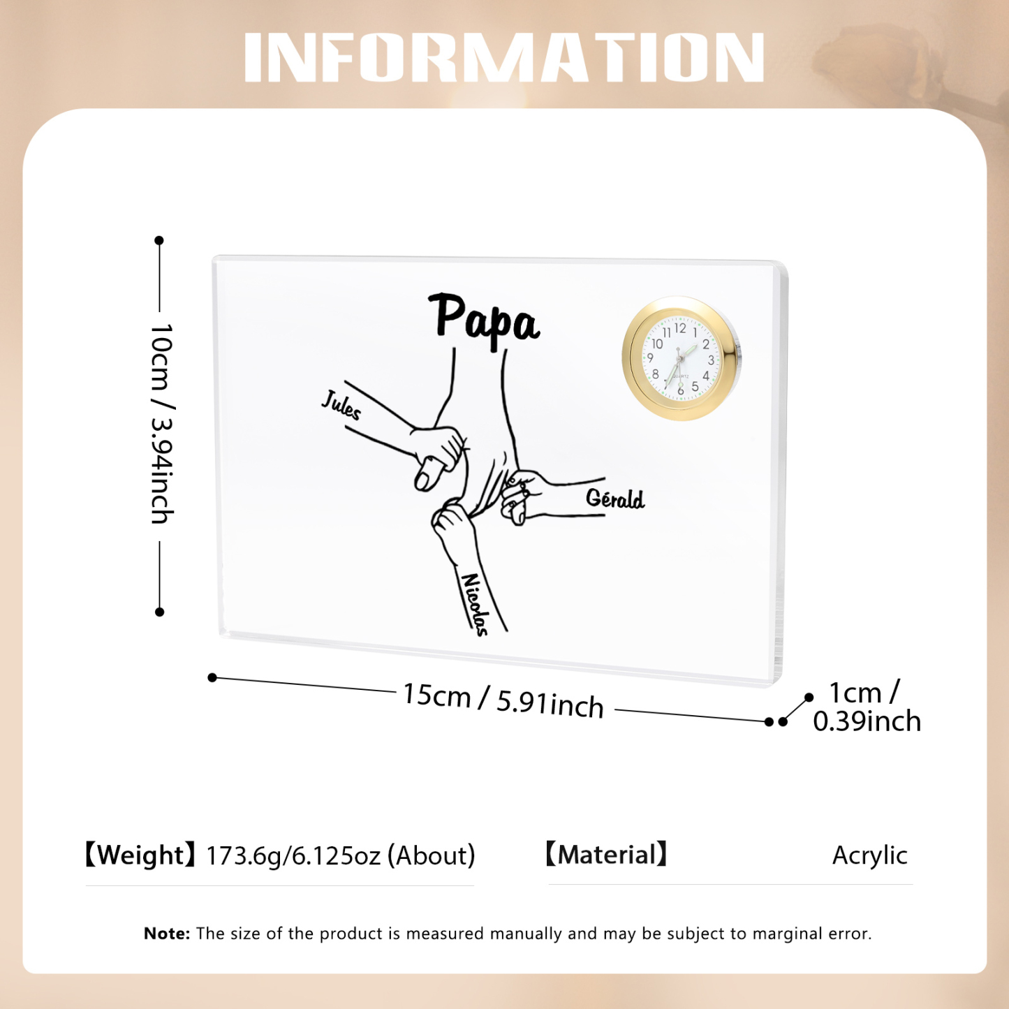 À mon Papa - Plaque Acrylique rectangle avec Horloge la main dans la main 3 Prénoms Personnalisés