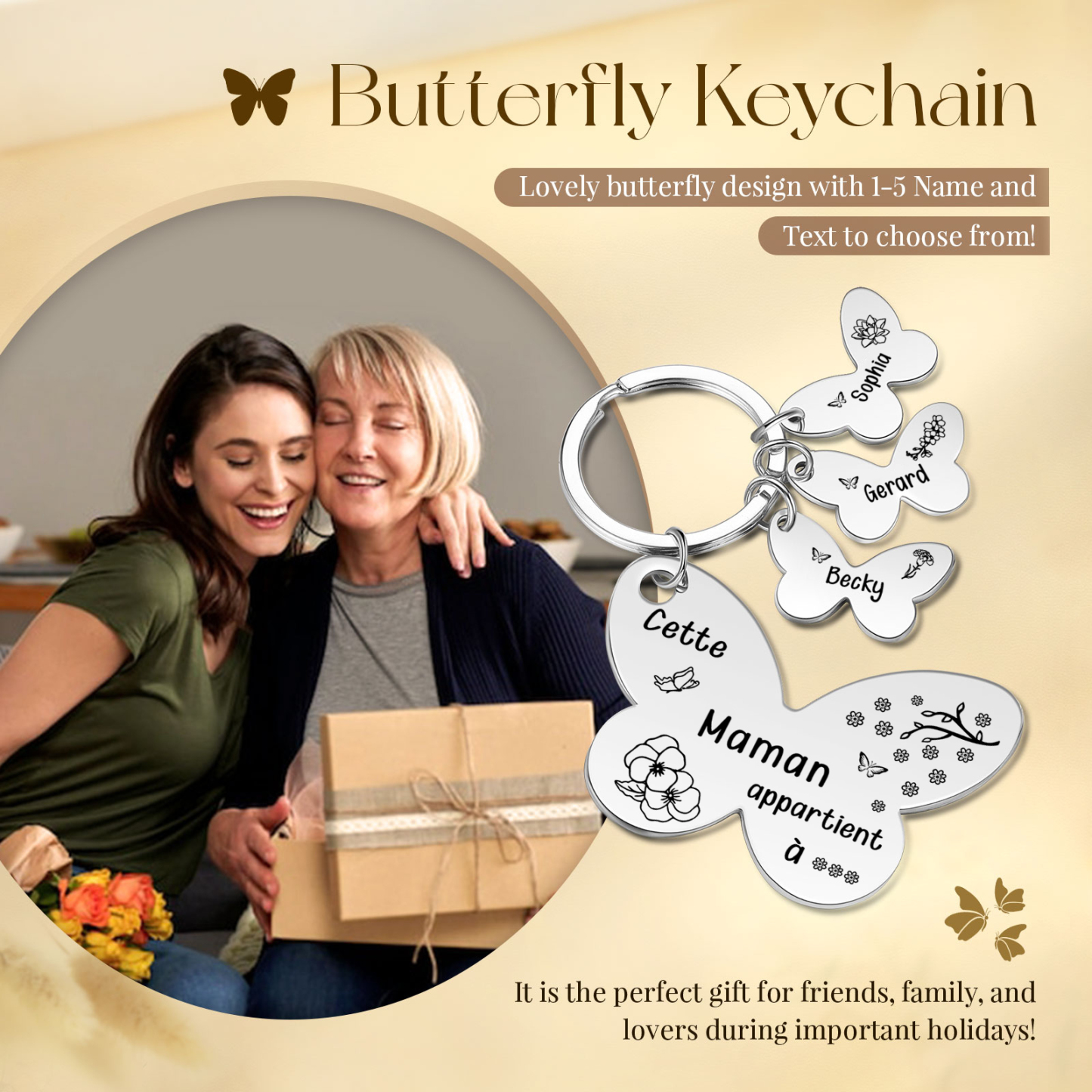 À Maman/Mamie - Porte-Clés Papillon 3 Prénoms et Fleurs de Naissance Personnalisés avec Texte 