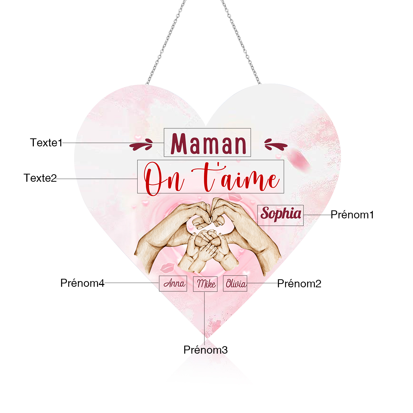 À Maman/Mamie - Veilleuse Cœur Décoration Mains et Enfants 4 Prénoms Personnalisés avec Texte