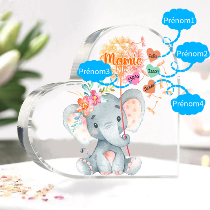 À ma Mamie - Plaque Acrylique Éléphant en Forme de Cœur 4 Prénoms Personnalisés