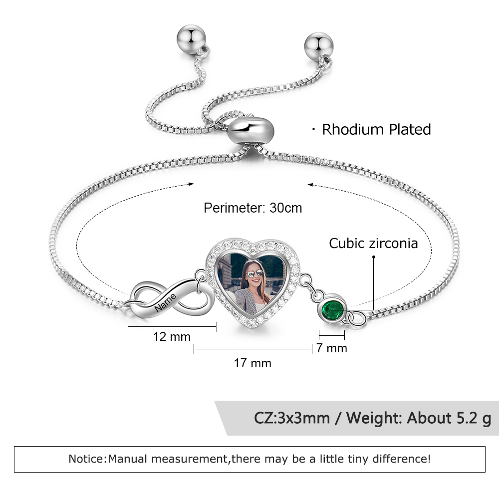 Bracelet Photo Personnalisé avec Cœur Breloque Pierre de Naissance