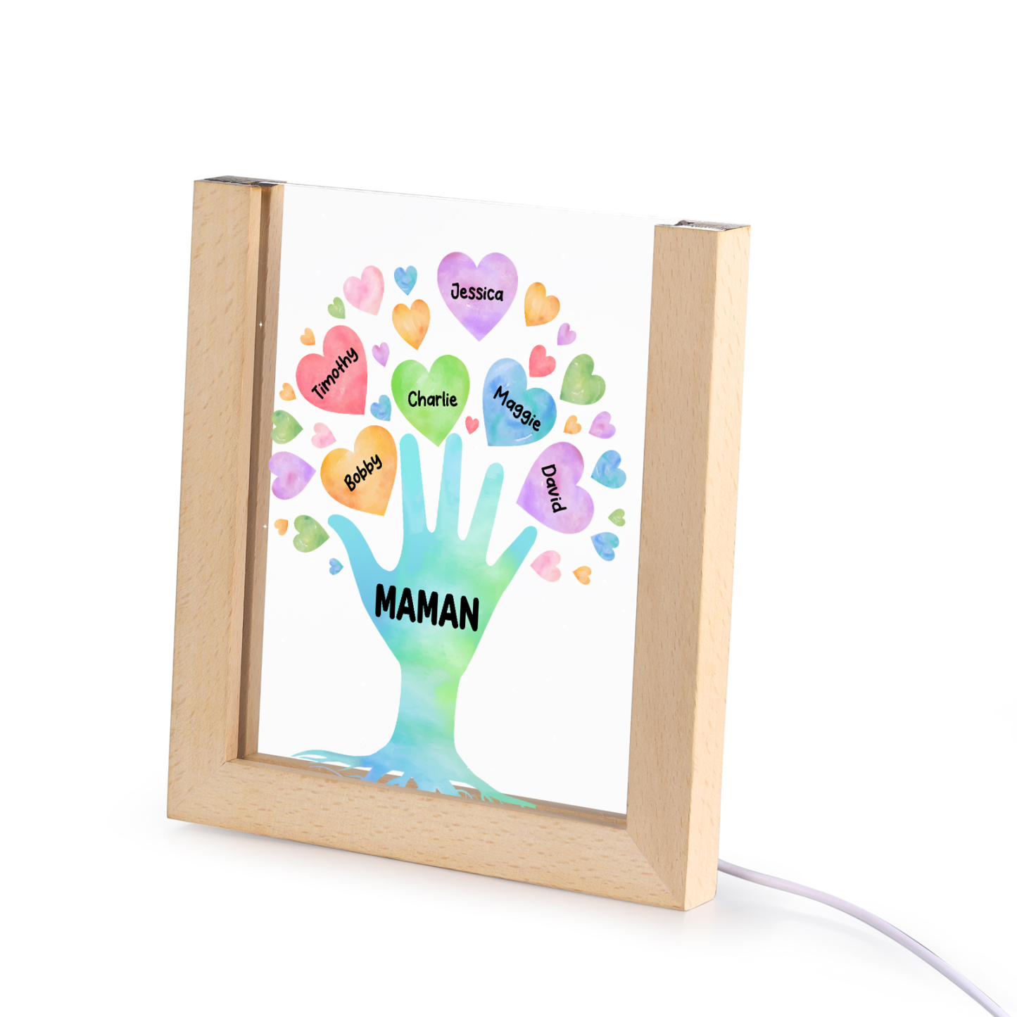 À Maman/Mamie - Lampe de chevet LED Main et Cœur 6 Prénoms Personnalisés avec 1 Texte