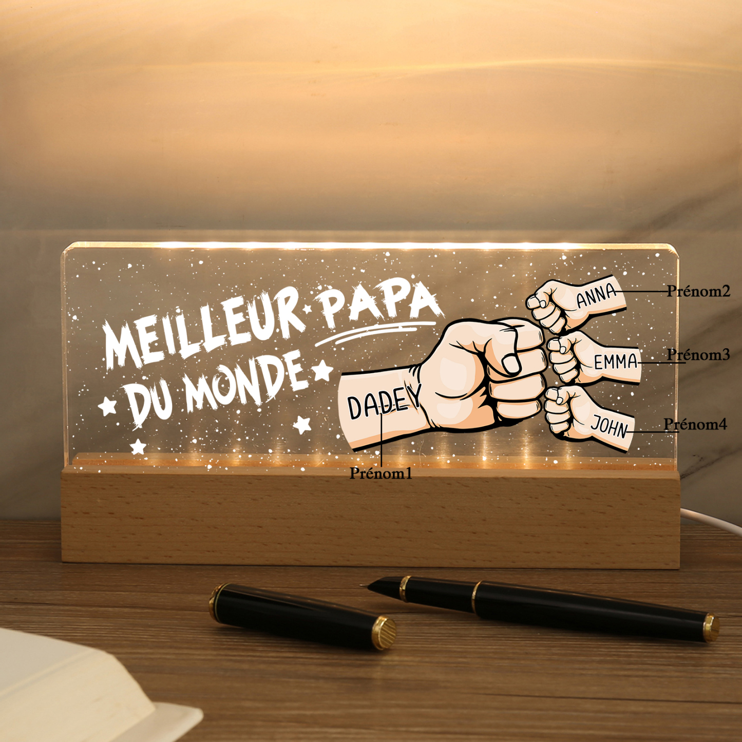 À mon Papa- Lampe de chevet LED Poings 4 Prénoms Personnalisés