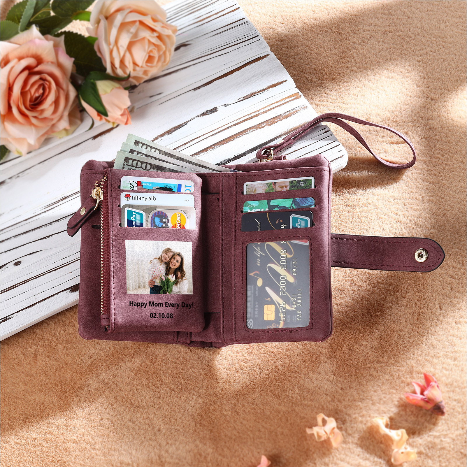 Portefeuille Fleur 1 Prénom et Lettre Personnalisés avec Photo et Texte Porte-Monnaie Carte pour Femmes