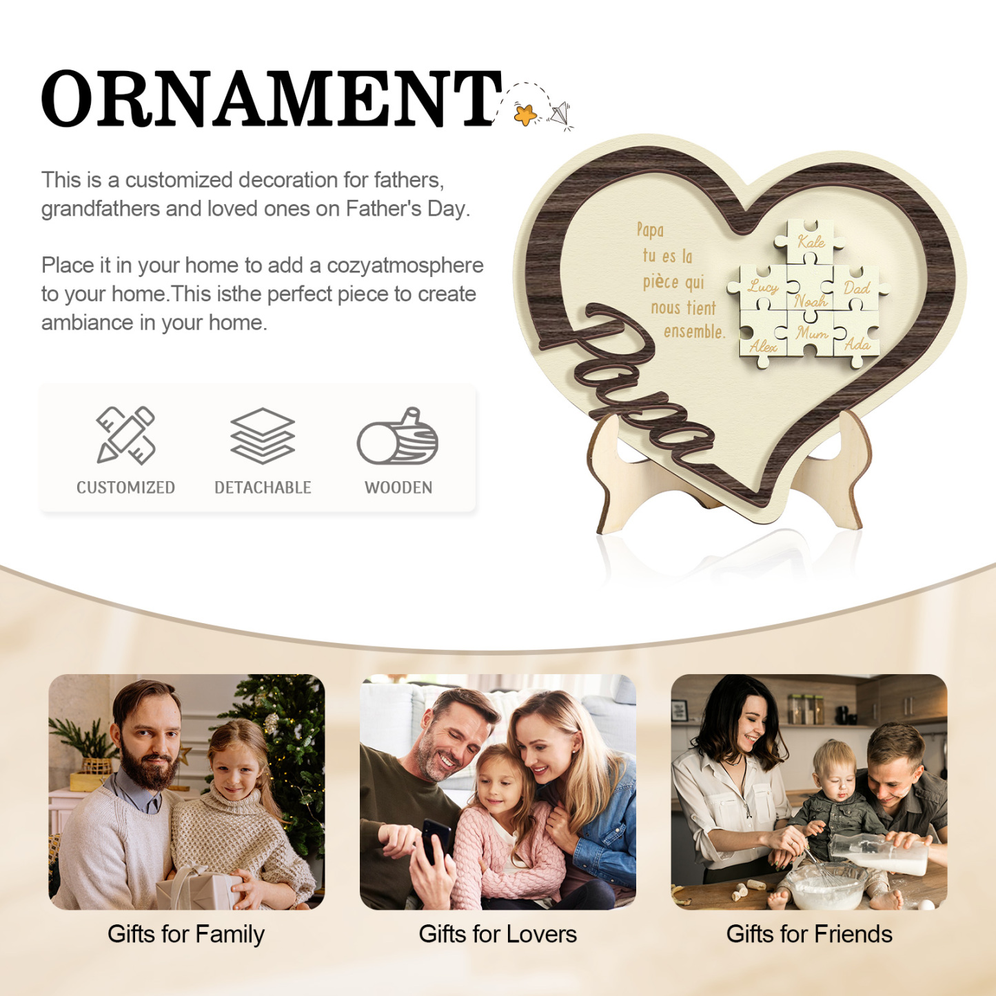 À mon Papa - Décoration en bois Cœur Puzzle 7 Prénoms Personnalisés Ornement pour Famille