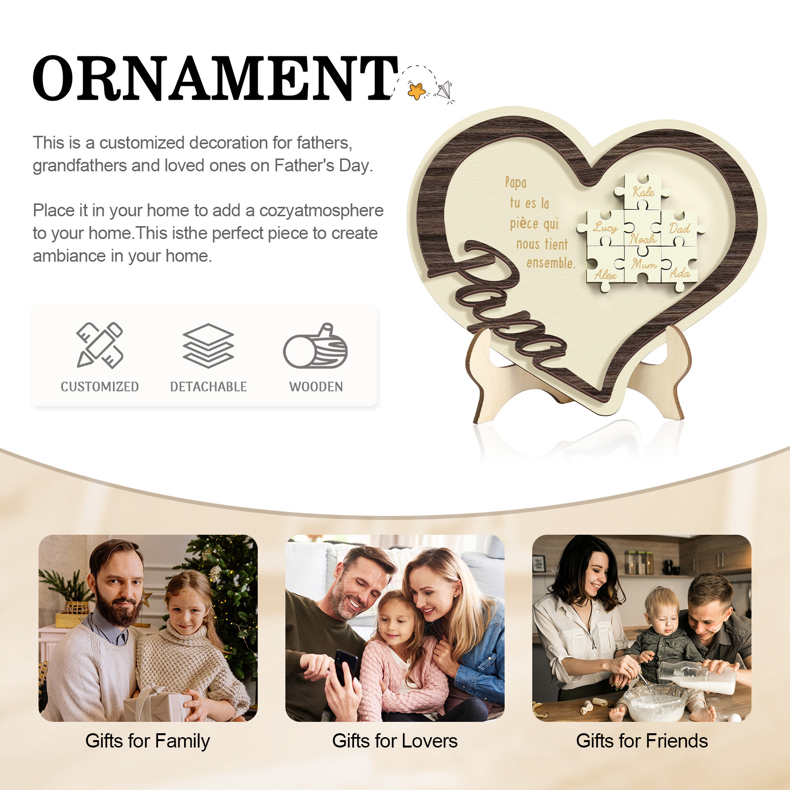 À mon Papa - Décoration en bois Cœur Puzzle 7 Prénoms Personnalisés Ornement pour Famille