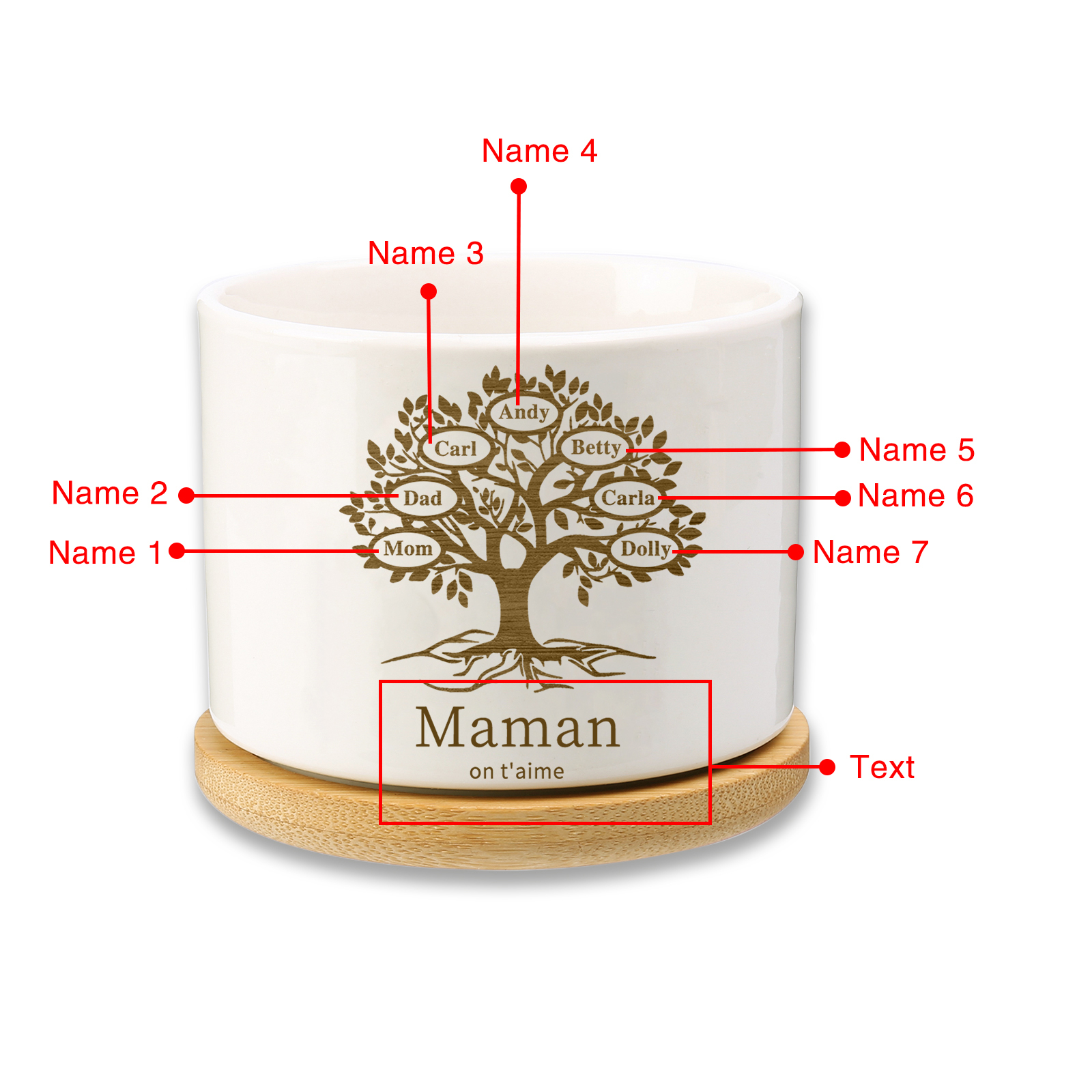 Vase/Pot de Fleurs Arbre de vie 7 Prénoms Personnalisés avec Texte Décoration de la Maison (sans plantes)