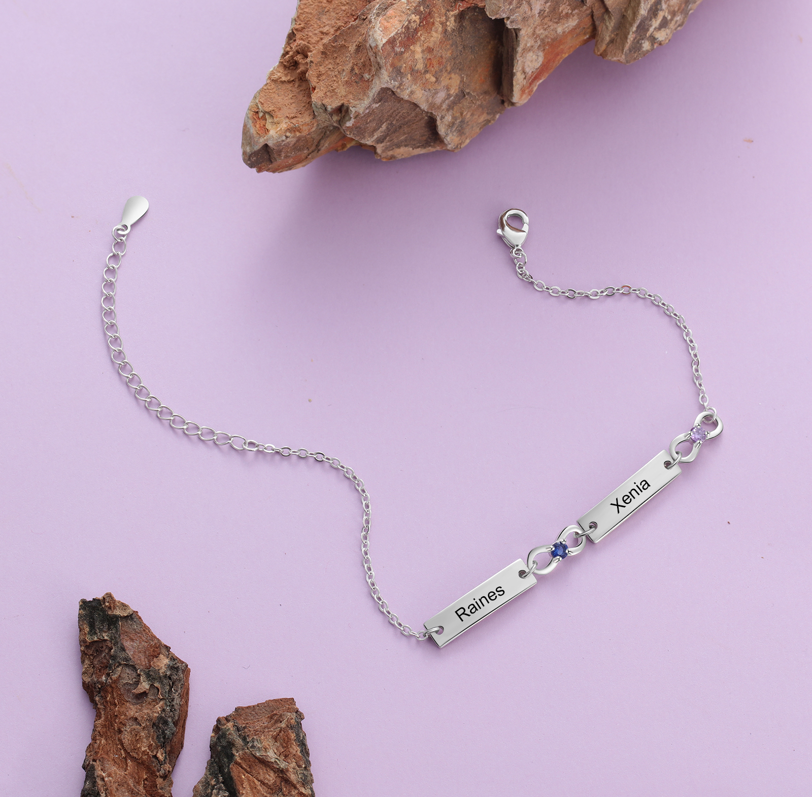 Bracelet infini 2 Prénoms Personnalisé avec 2 Pierres de Naissance