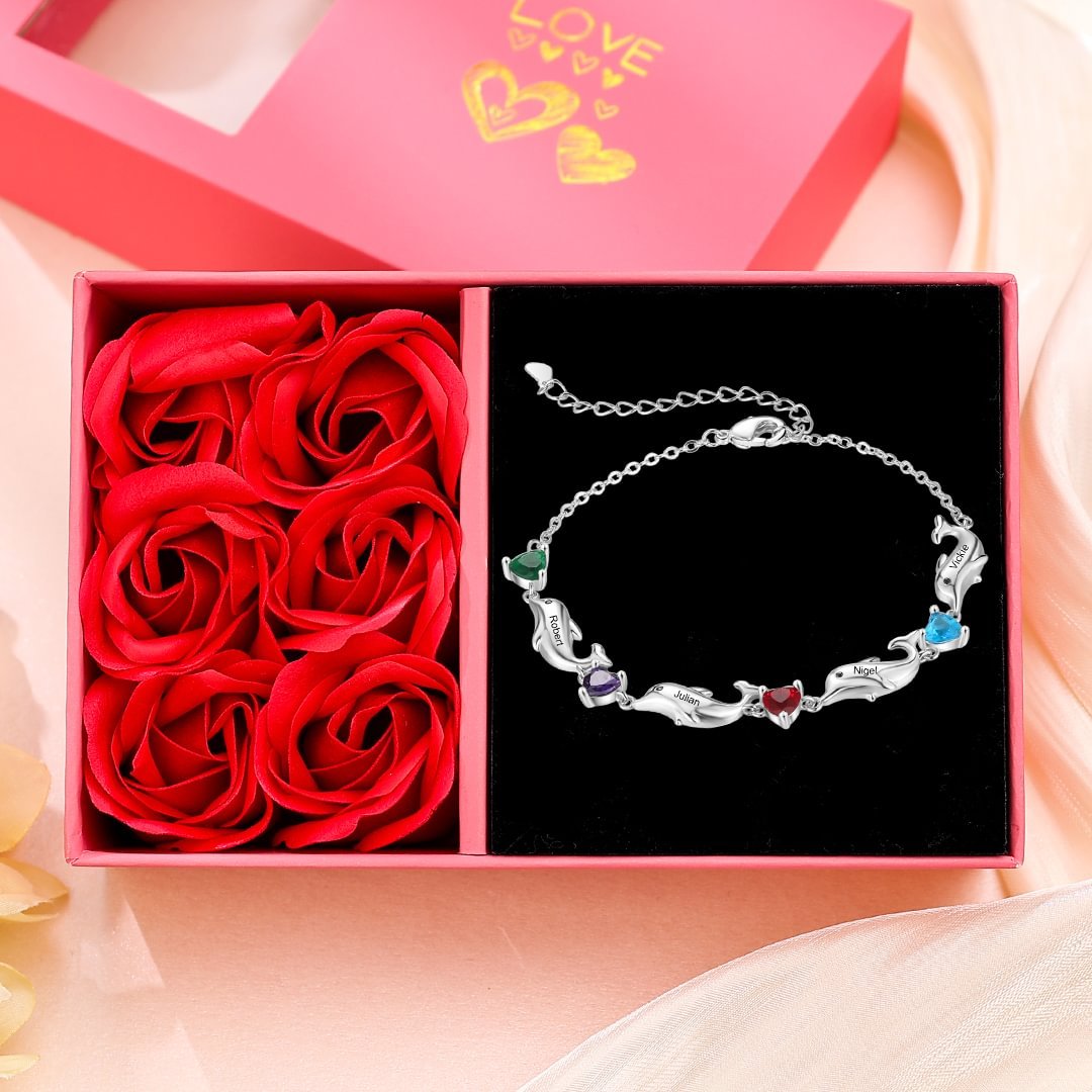 Bracelet dauphin 4 Prénoms Personnalisé avec 4 Pierres de Naissance