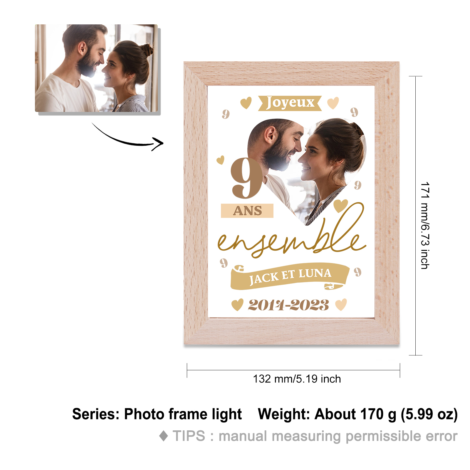 Cadre Photo LED Couple 2 Prénoms et 1 Photo Personnalisés avec Date et Nombre Cadeau Saint-Valentin