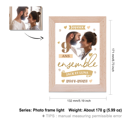 Cadre Photo LED Couple 2 Prénoms et 1 Photo Personnalisés avec Date et Nombre Cadeau Saint-Valentin