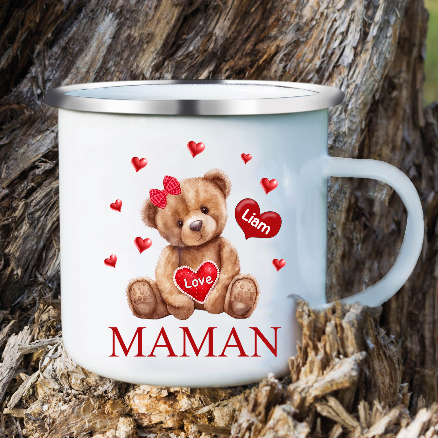 À Maman/Mamie - Tasse émaillée Ours 1 Prénom Personnalisé