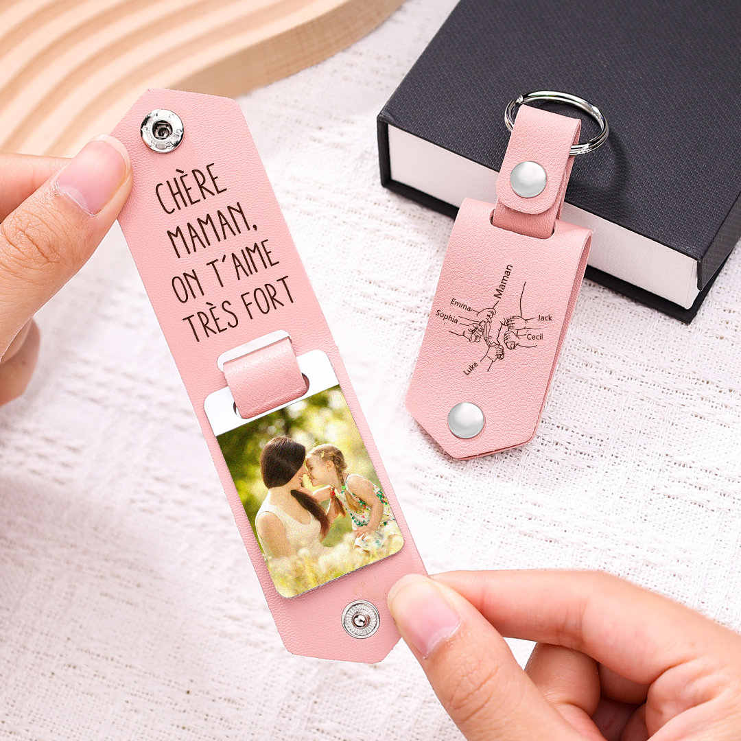À ma Maman - Porte-Clés Cuir la Main dans la Main 5 Prénoms Personnalisés avec Photo | Jessemade