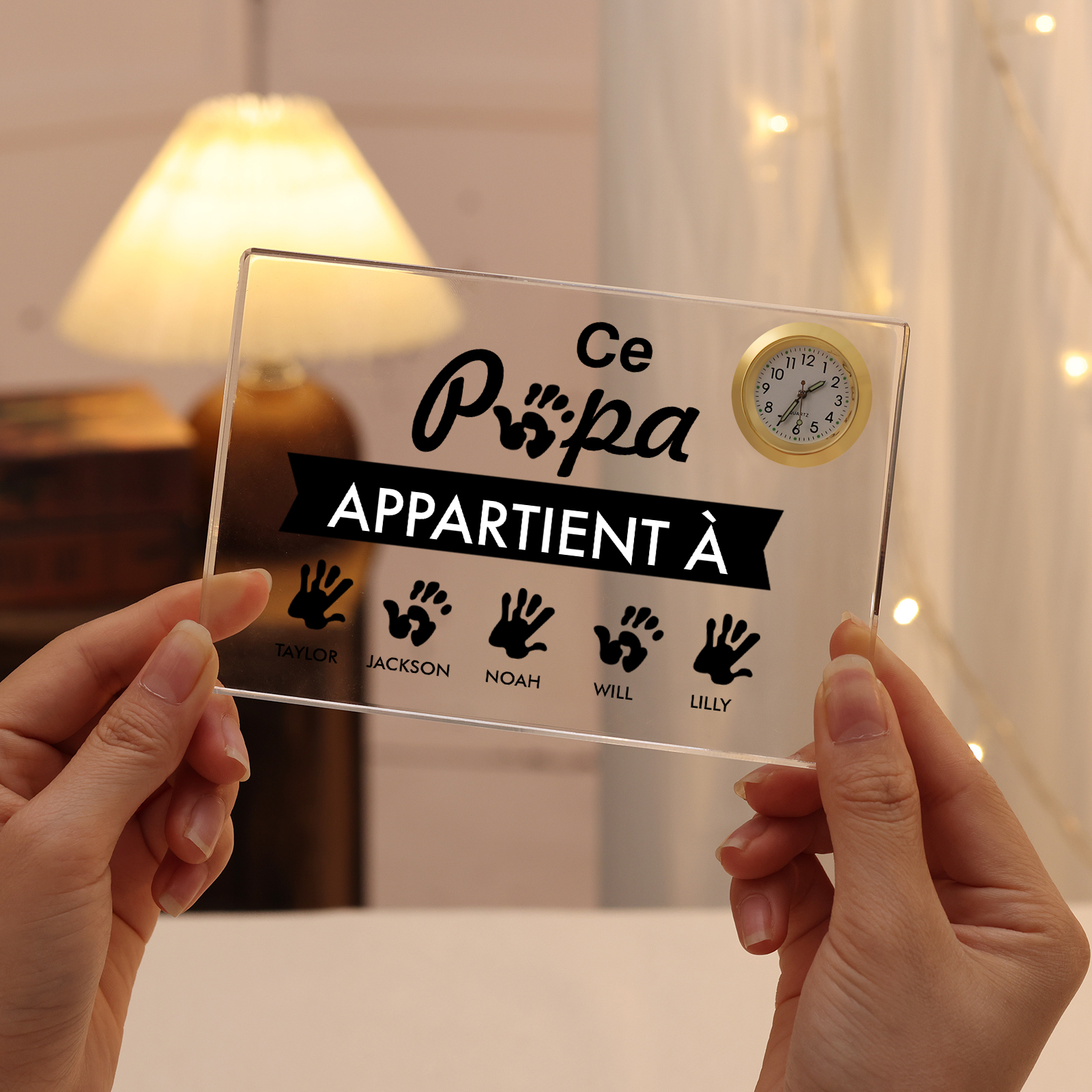 À mon Papa - Plaque Acrylique rectangle avec Horloge Empreinte De Main 5 Prénoms Personnalisés