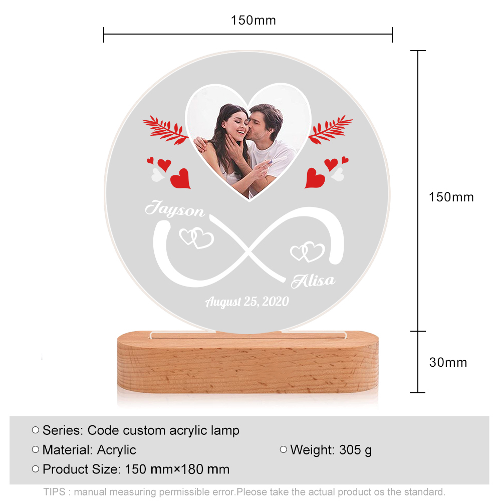 Lampe de chevet Couple LED Lumières 2 Prénoms et 1 Photo Personnalisés avec Date
