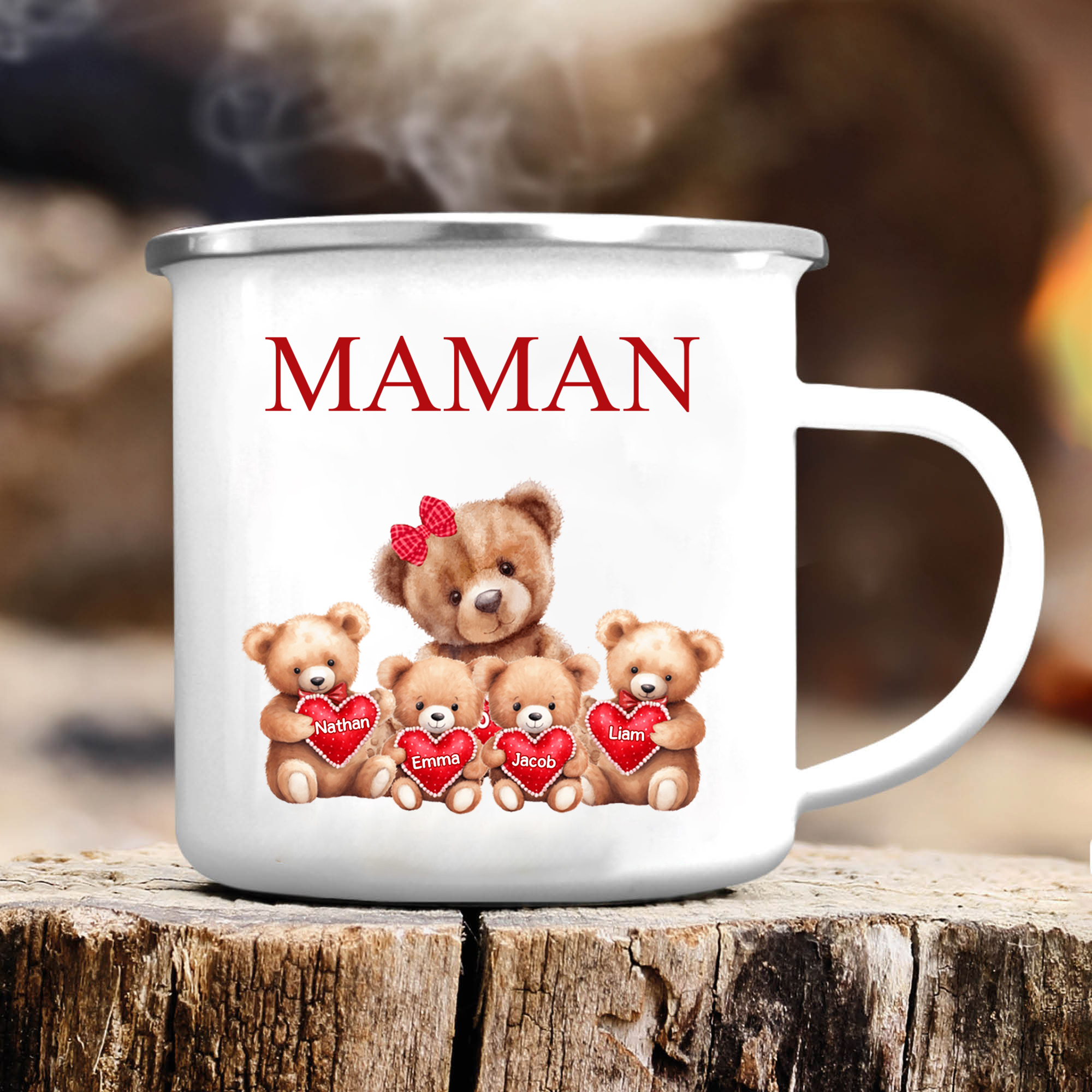 À Maman/Mamie - Tasse émaillée Ours 4 Prénoms Personnalisés
