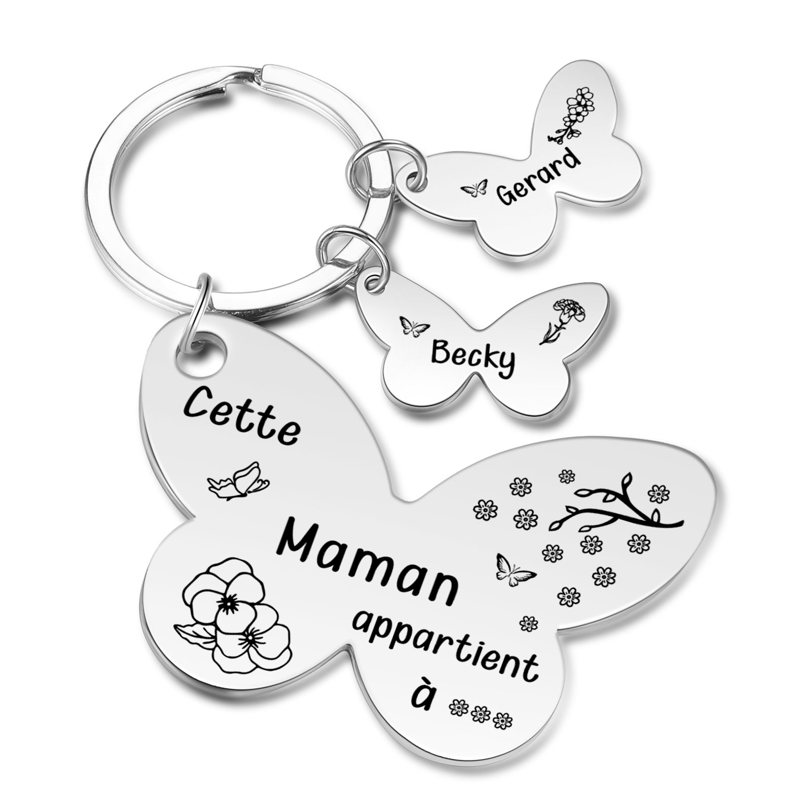 À Maman/Mamie - Porte-Clés Papillon 2 Prénoms et Fleurs de Naissance Personnalisés avec Texte 