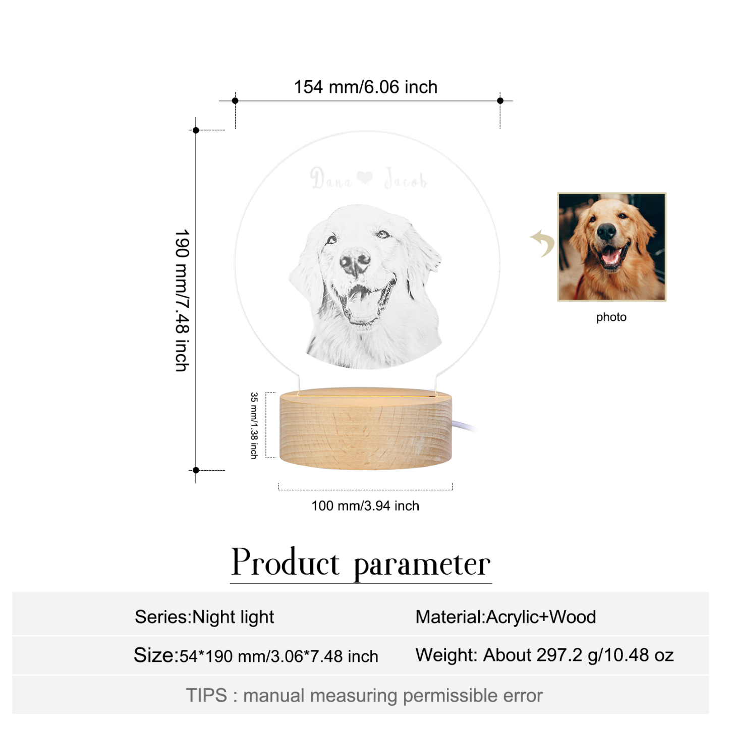 Lampe de chevet LED Personnalisée  photo avec texte