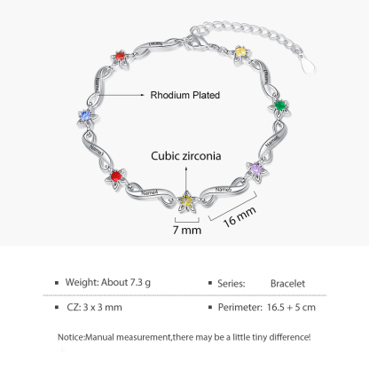 Bracelet infini à Breloque 7 Prénom Personnalisé avec 7 Pierre de Naissance