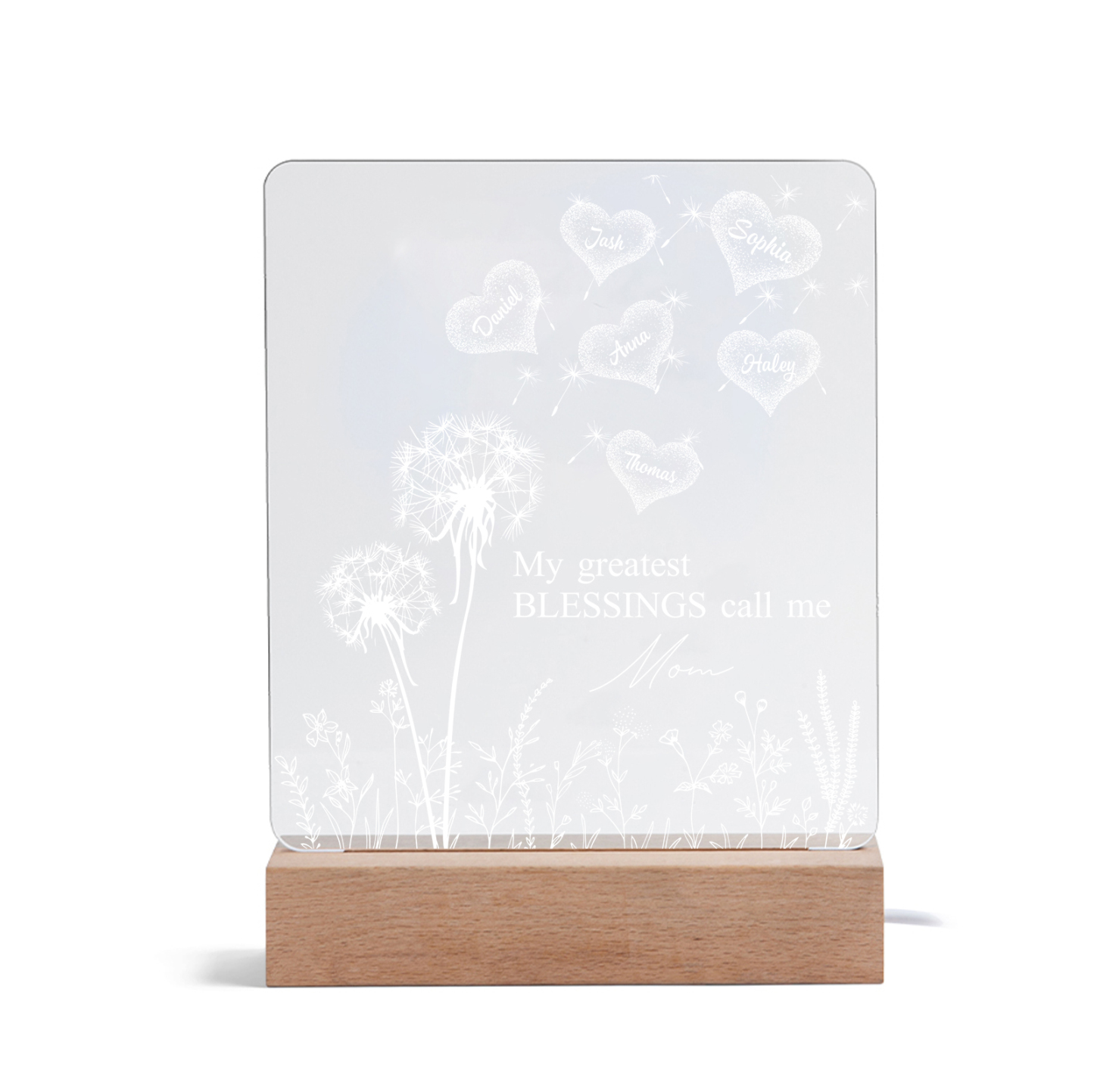 À Maman/Mamie - Lampe de chevet LED Pissenlit 6 Prénoms Personnalisés avec 2 Textes pour Famille