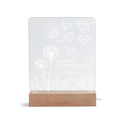 À Maman/Mamie - Lampe de chevet LED Pissenlit 6 Prénoms Personnalisés avec 2 Textes pour Famille