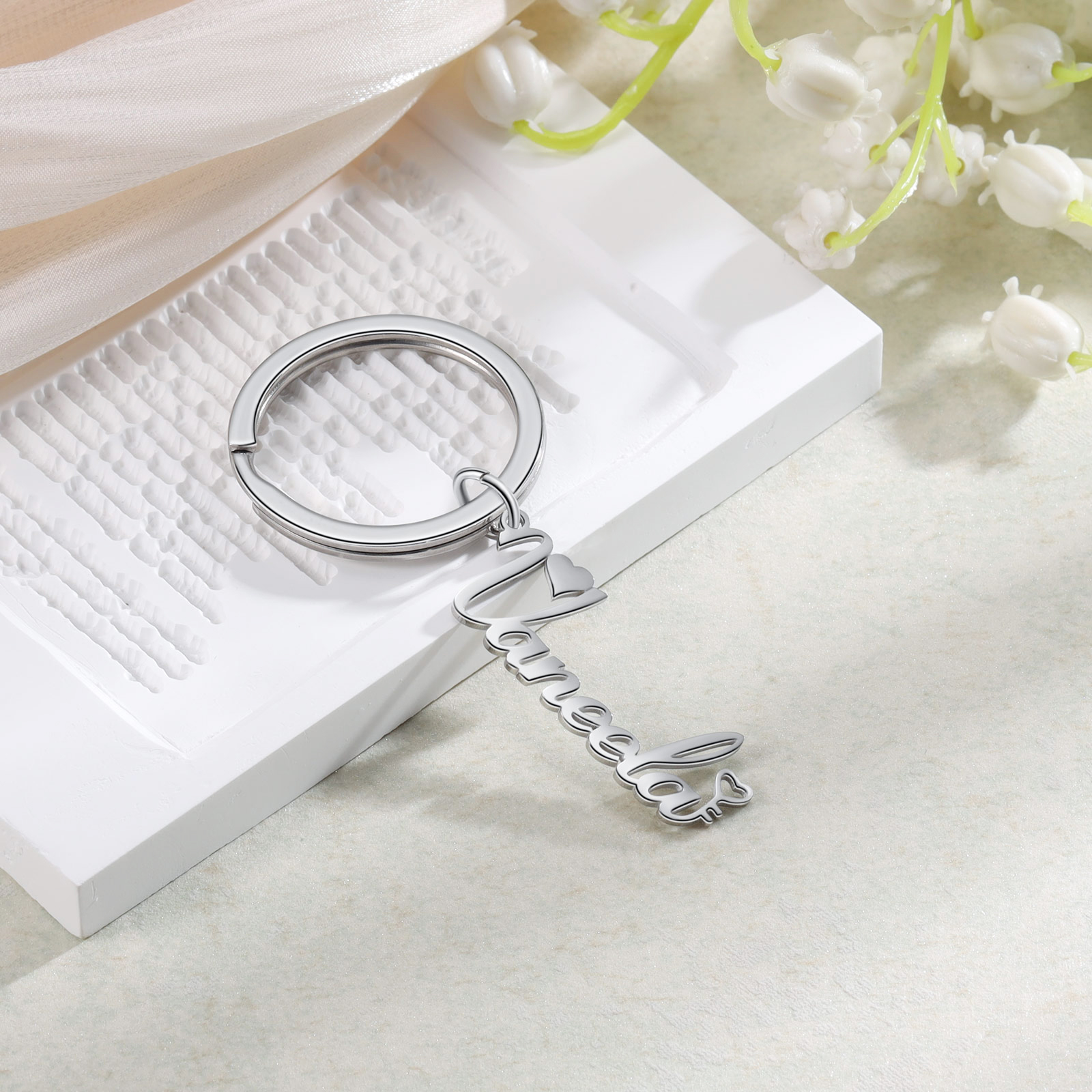 Porte-clés Cœur Prénom Personnalisé en Acier inoxydable