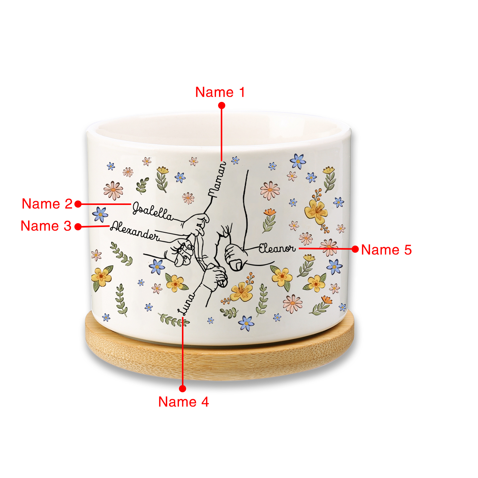 Vase/Pot de Fleurs la main dans la main 5 Prénoms Personnalisés Décoration de la Maison (sans plantes)
