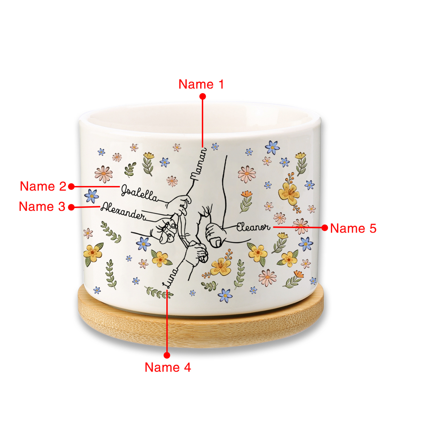 Vase/Pot de Fleurs la main dans la main 5 Prénoms Personnalisés Décoration de la Maison (sans plantes)