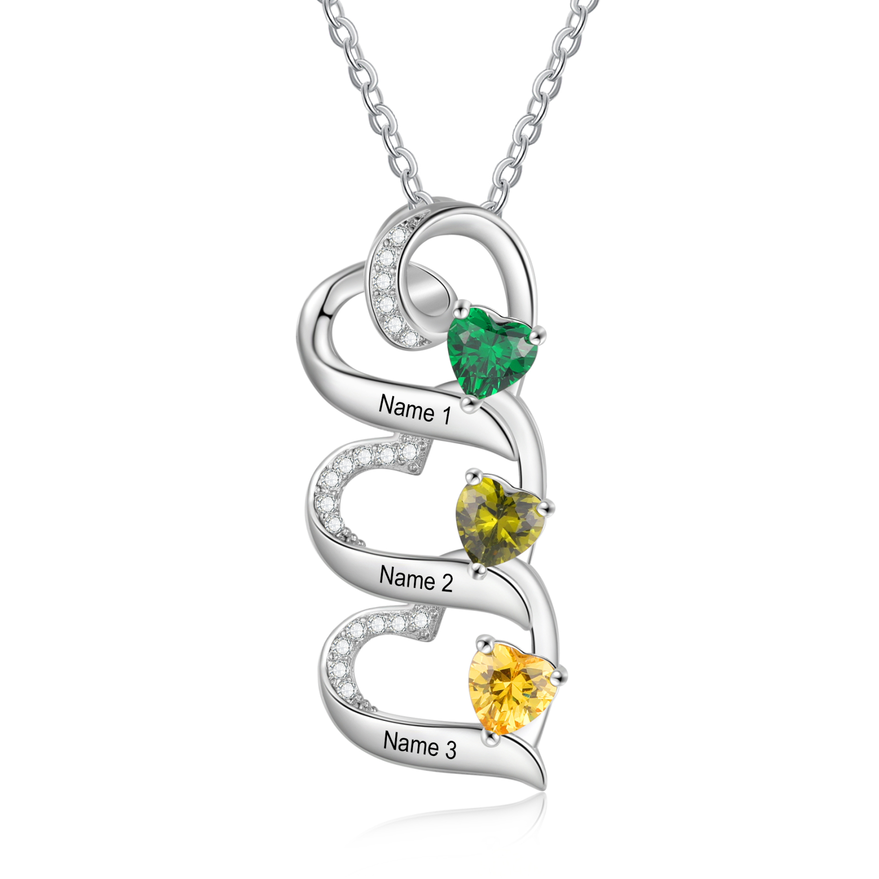 Collier Pendentif Cœur 3 Prénoms Personnalisés avec Pierre de naissance pour Femmes