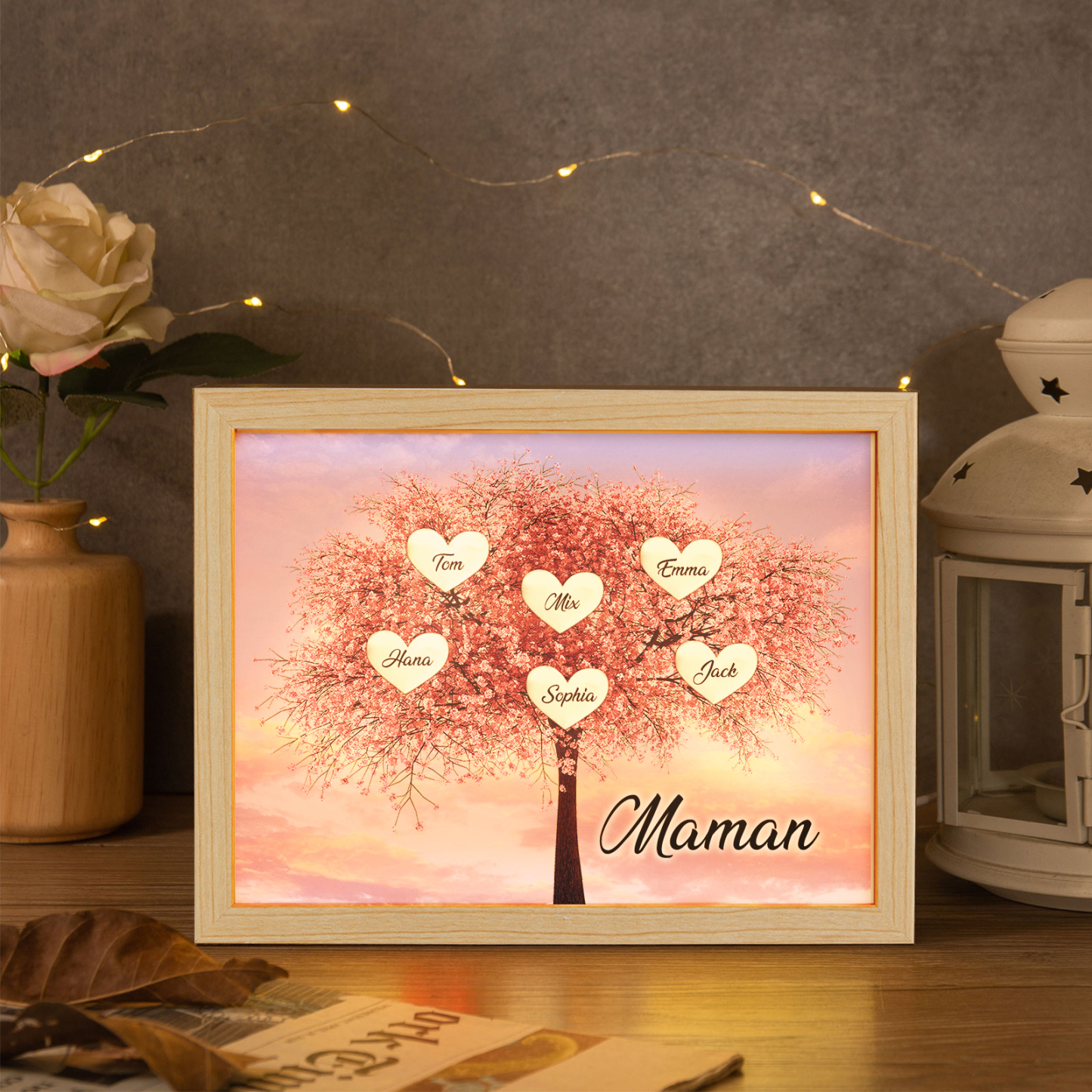 Cadre Photo LED Arbre de Vie 6 Prénoms et 1 Texte Personnalisé Décoration Famille