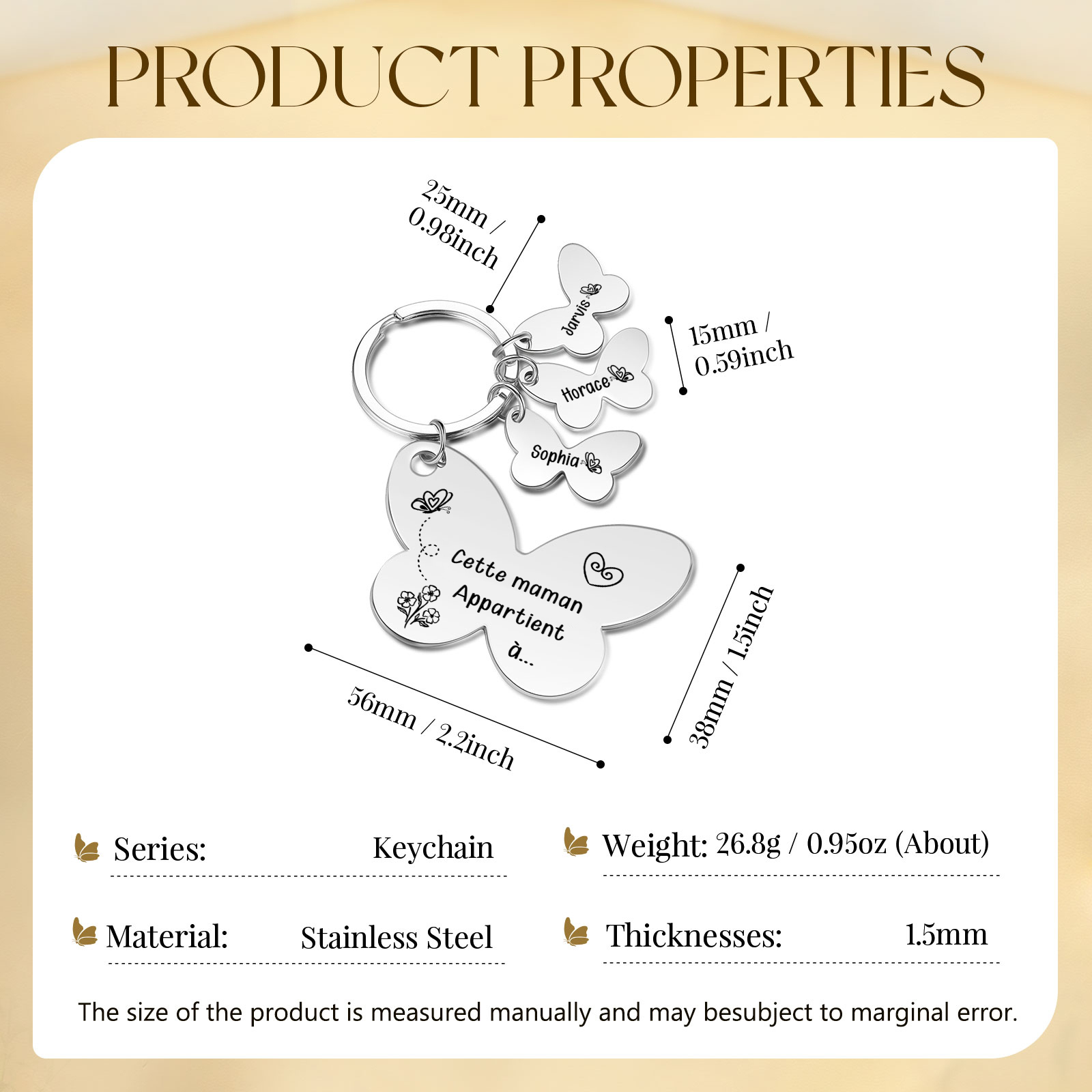 À Maman/Mamie - Porte-Clés Papillon 3 Prénoms Personnalisés avec Texte 