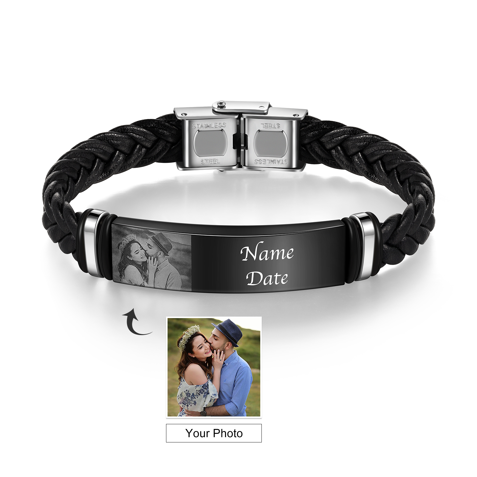 Jessemade FR Bracelet Prénom et Photo Personnalisés avec Date pour Homme