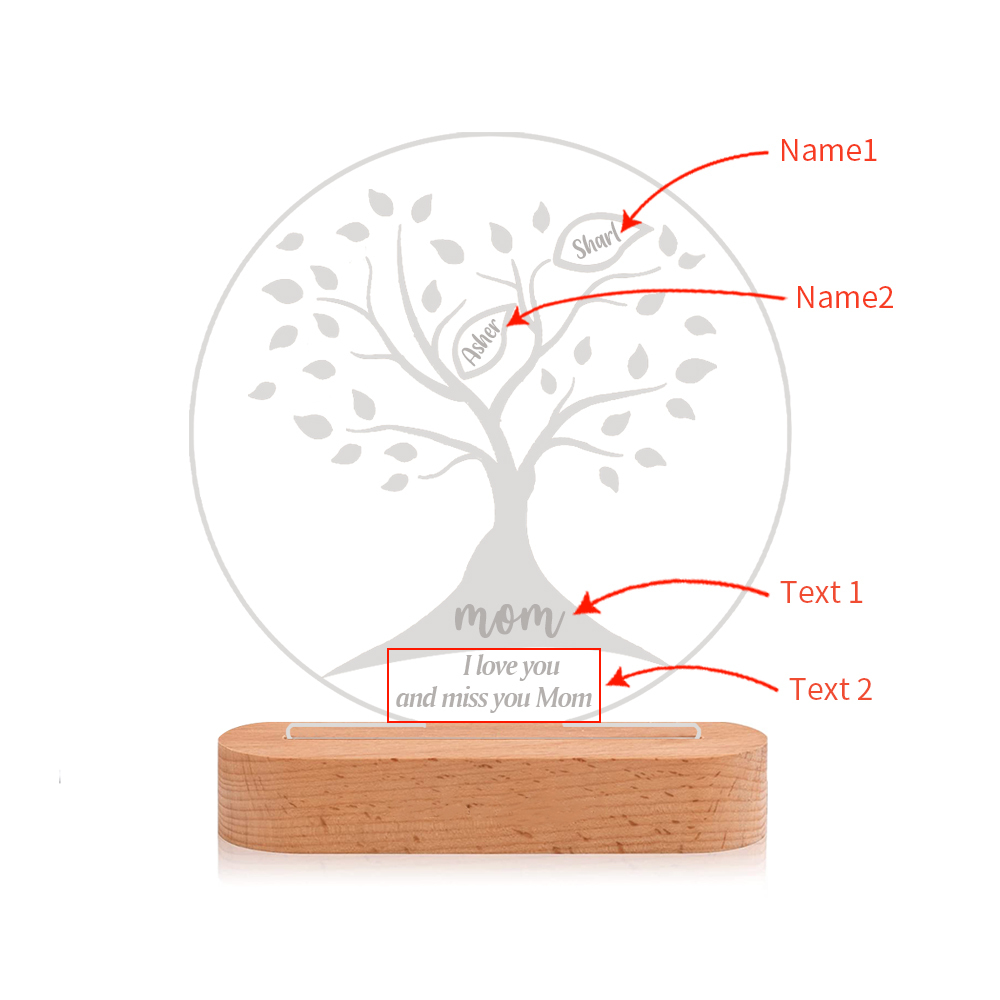 Lampe de chevet LED Arbre de vie Arbre généalogique 2 prénoms personnalisés avec 2 textes