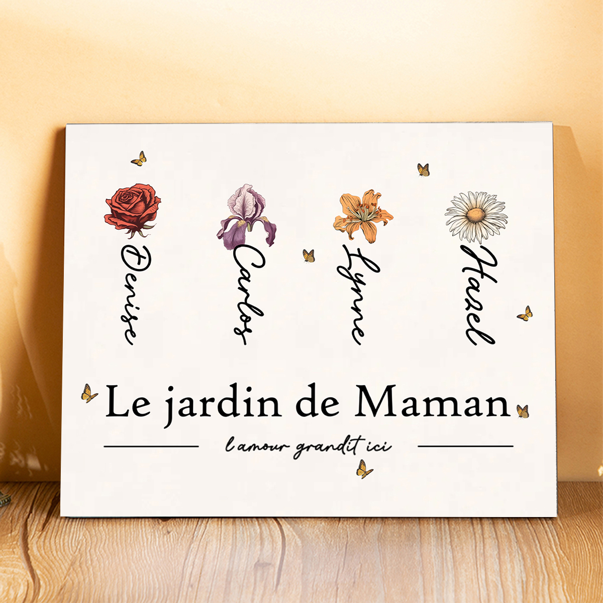 Cadre en Bois Jardin de Maman 1-12 Prénoms et 1 Texte Personnalisés avec Fleur de Naissance Cadeau pour Famille