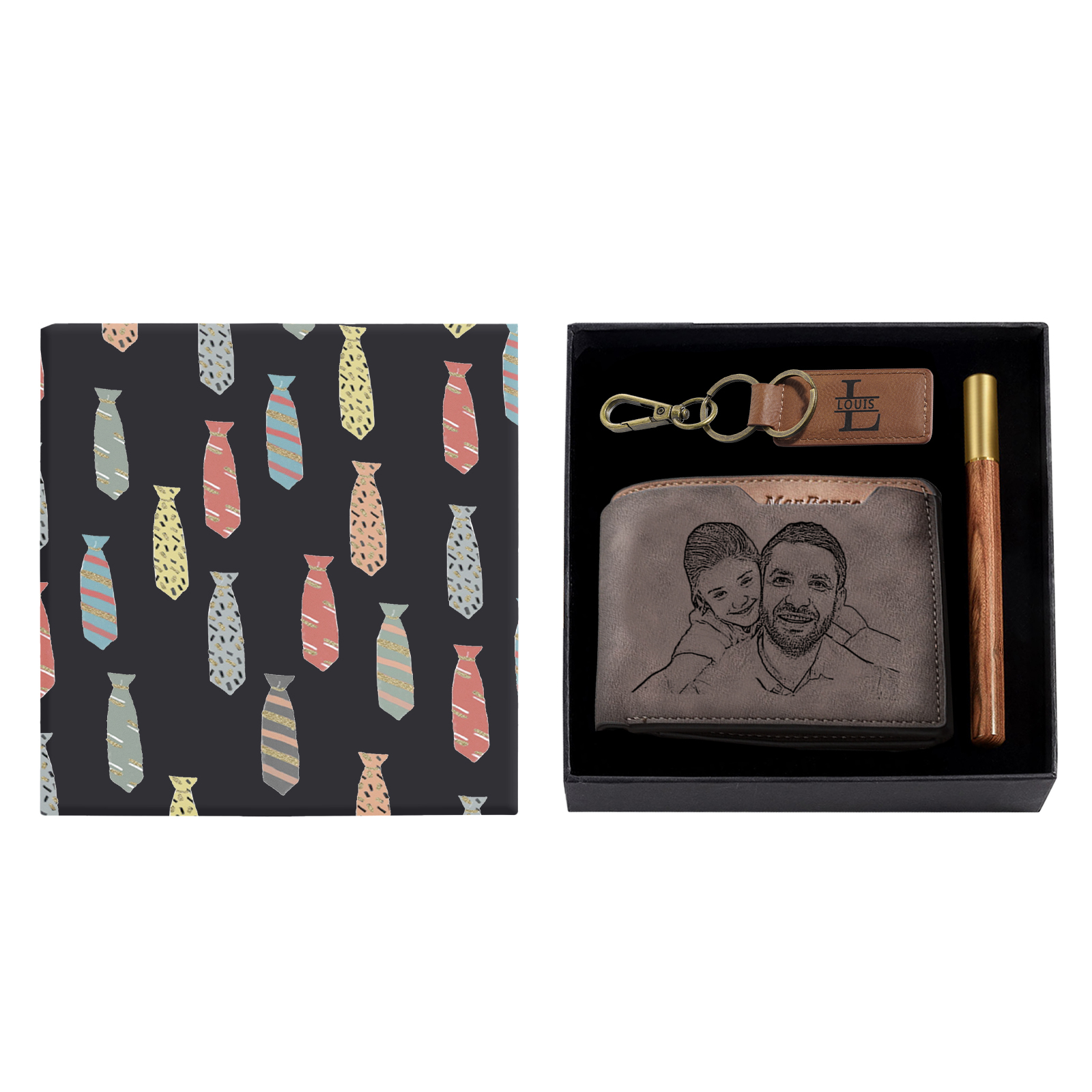 Coffret Cadeau 3PCS - Portefeuille classique Porte-Clés et Stylo 1 Photo et Texte Personnalisés avec 1 Prénom et Lettre Coffret Cadeau pour Homme