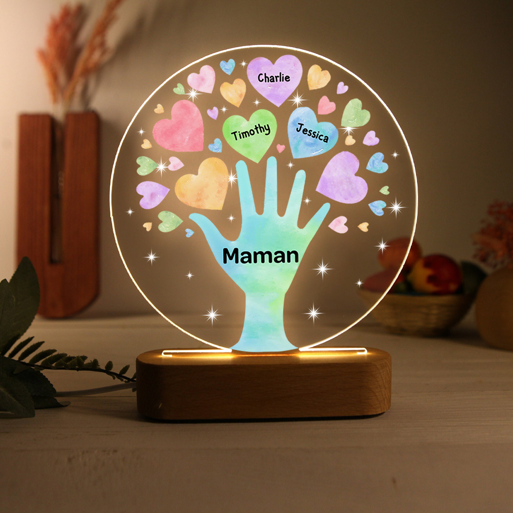 À Maman/Mamie - Lampe de chevet LED Lumières Cœur 3 Prénoms Personnalisés avec 1 Texte pour Famille