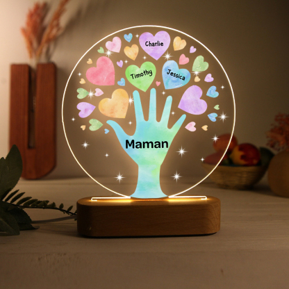 À Maman/Mamie - Lampe de chevet LED Lumières Cœur 3 Prénoms Personnalisés avec 1 Texte pour Famille