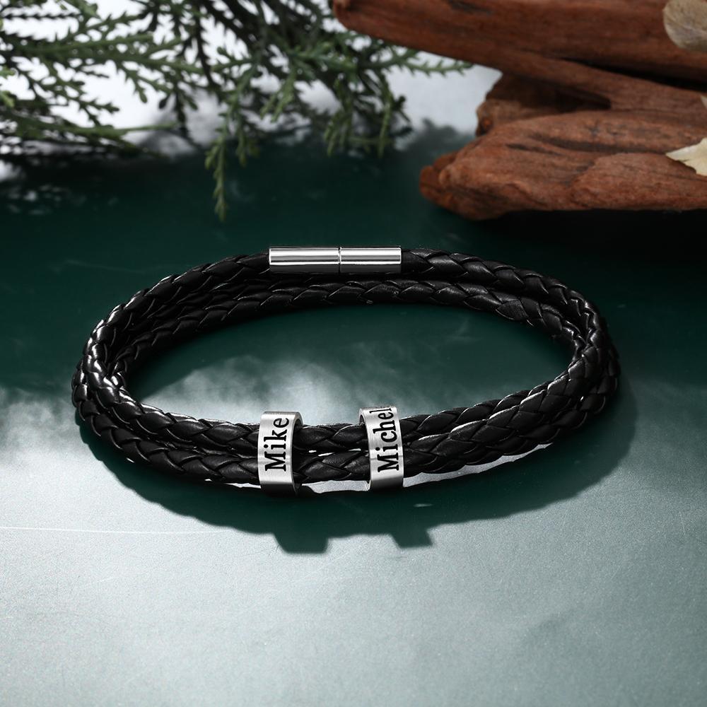 Bracelet Cuir tressé Prénom Personnalisé Bracelet Homme Avec 3 Perles