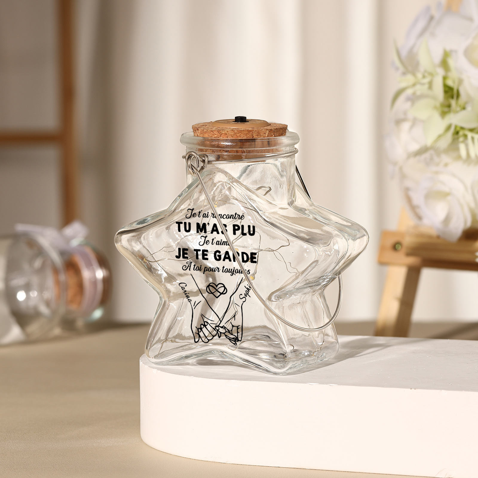 Lampe Étoile Personnalisée avec Prénoms – Bocal en Verre Lumineux LED, Cadeau pour Couple