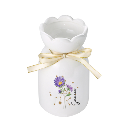 Vase Personnalisé en Céramique avec Fleur de Naissance et Prénom, Décoration Élégante, Idée Cadeau pour Femme, Maman ou Mamie