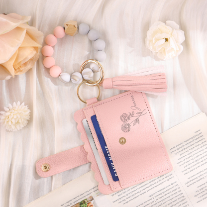 Porte-cartes Personnalisé à Fleur de Naissance avec Bracelet perlé détachable