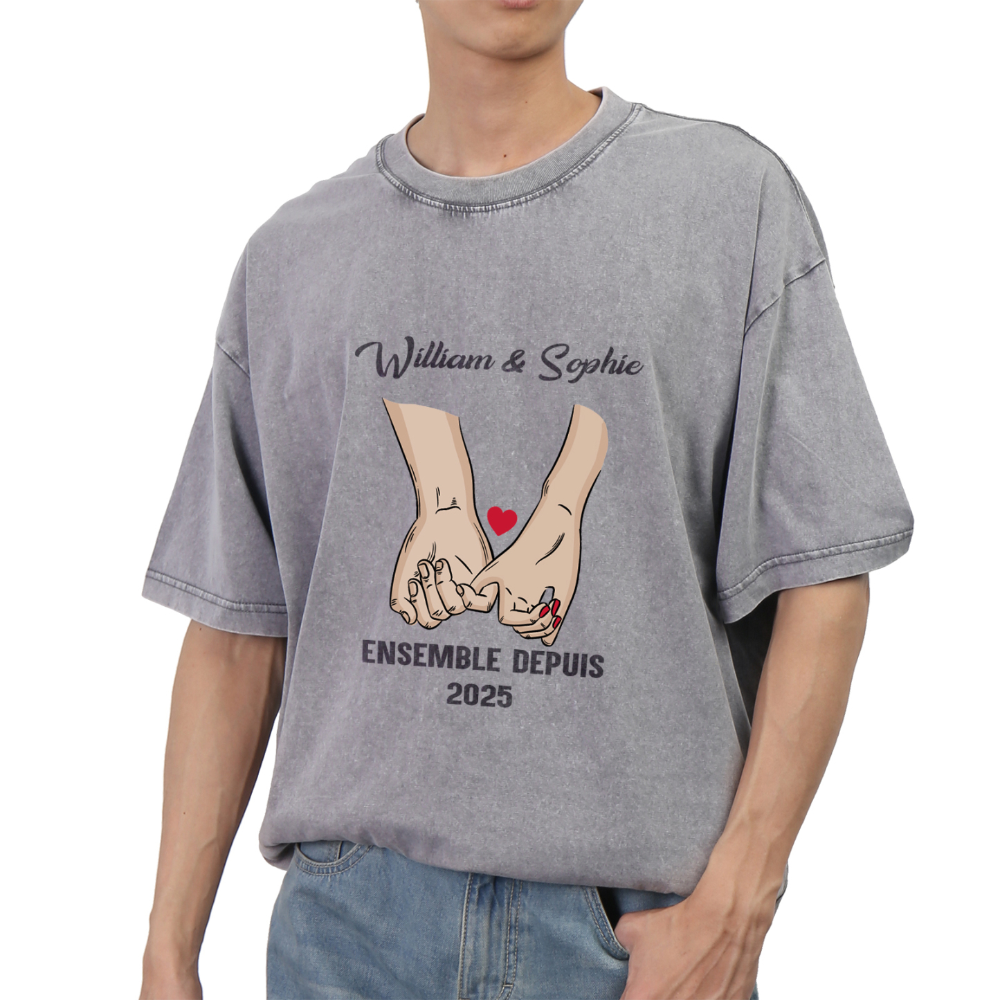 T-Shirt Personnalisé avec Année et 2 Prénoms T-Shirt en gris pour Couple | Jessemade