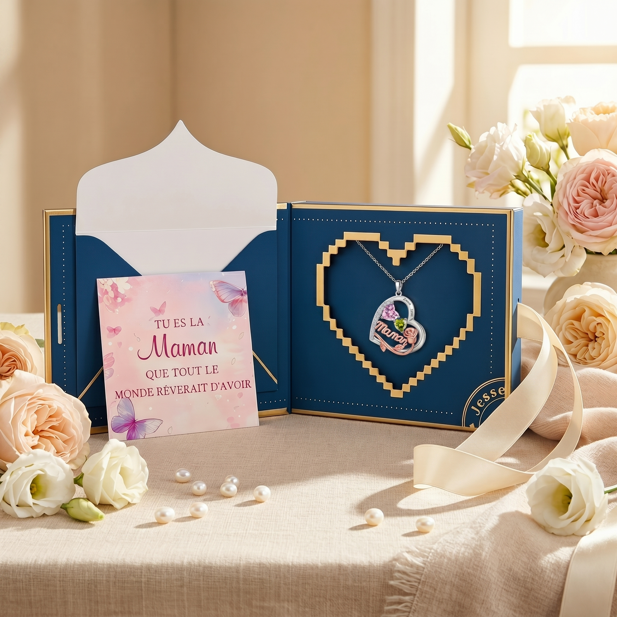 Collier Maman Personnalisé avec 1-4 Pierres de Naissance et Noms,Cadeau fête des mères