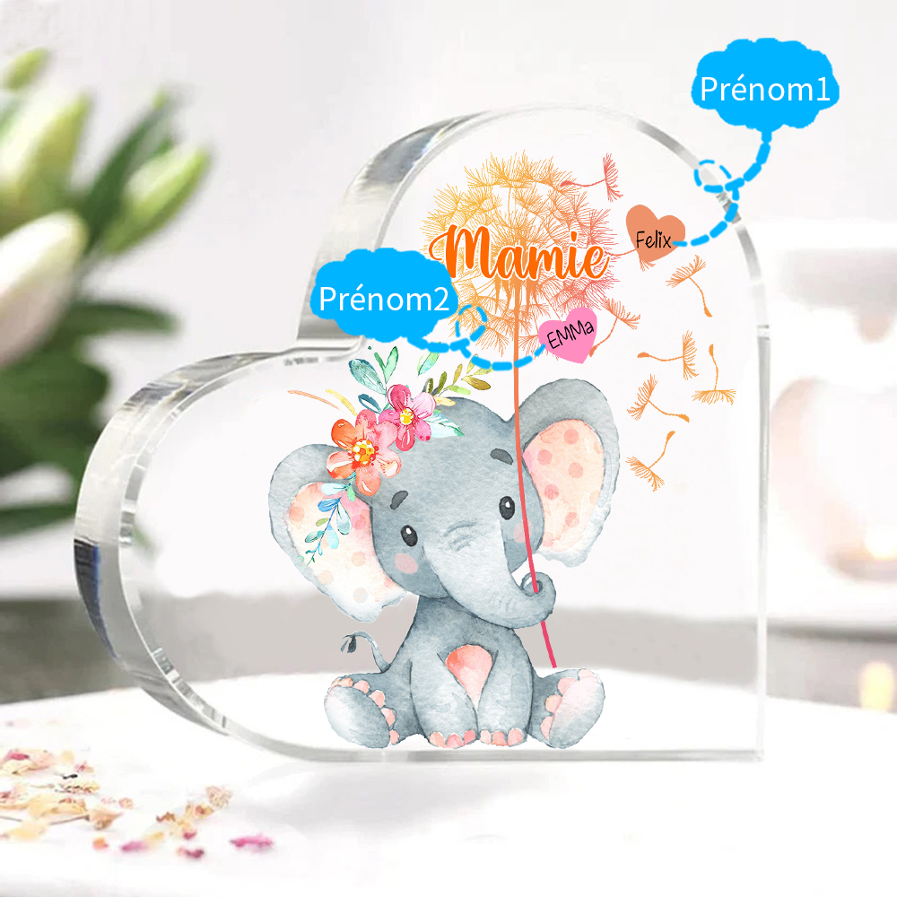 À ma Mamie - Plaque Acrylique Éléphant en Forme de Cœur 2 Prénoms Personnalisés