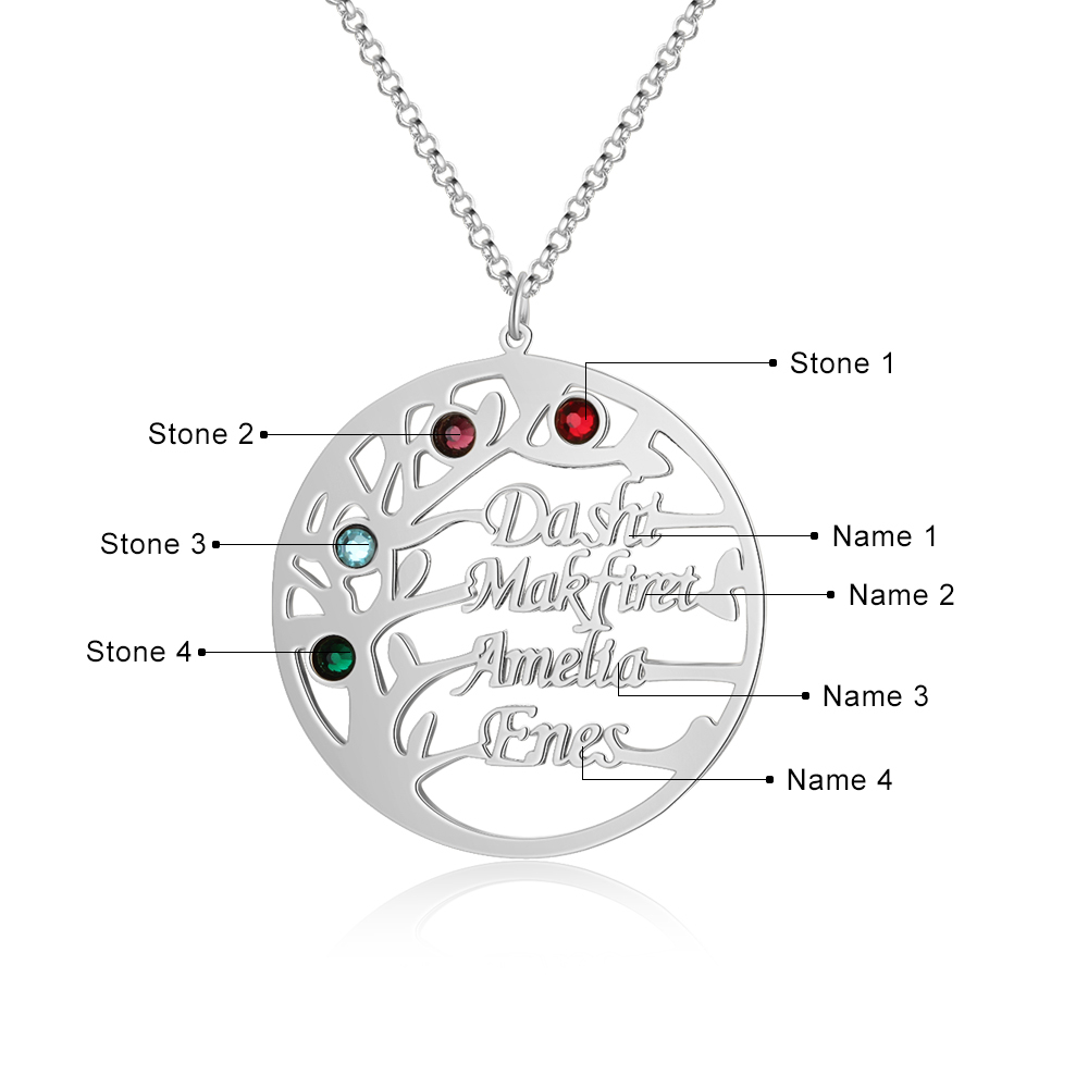 Collier Argent Arbre de vie Arbre généalogique 4 prenoms Avec Pierre De Naissance
