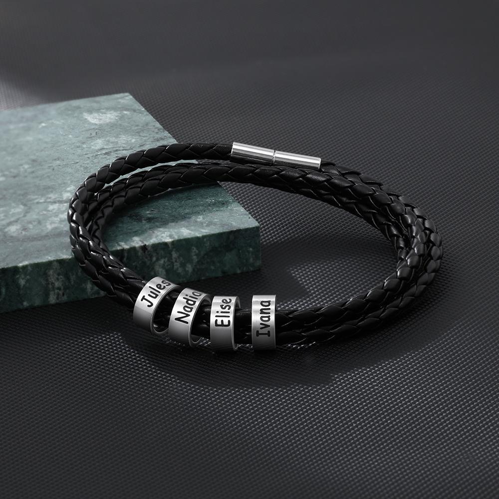 Bracelet en Cuir Tressé Prénom Personnalisé Bracelet Homme Avec 4 Perles