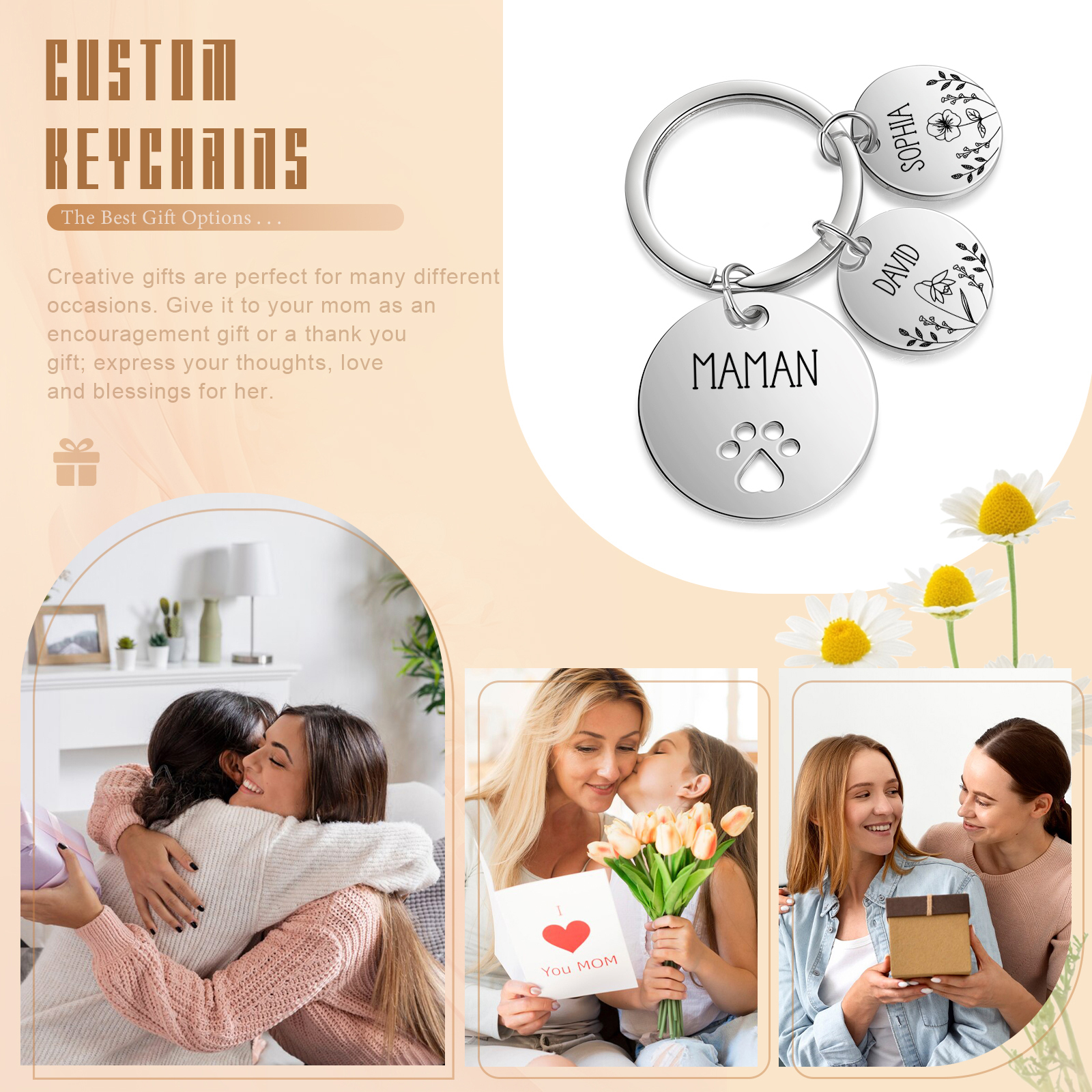 Porte-Clés patte 2 Prénoms et 1 Texte Personnalisés avec Fleur de Naissance