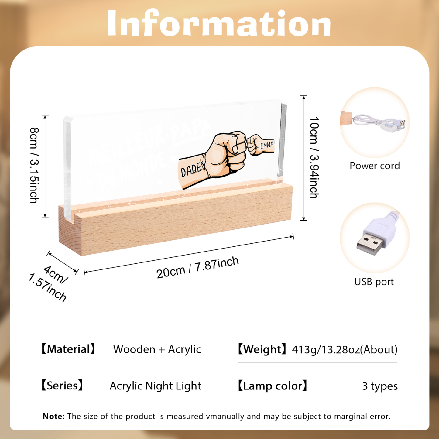 À mon Papa- Lampe de chevet LED Poings 2 Prénoms Personnalisés